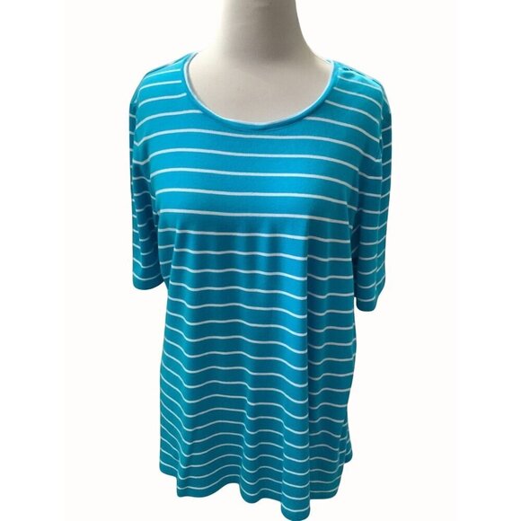 Chicos Relaxed Scoop Neck XL Short Elbow Sleeve Tee Turquoise White Striped - Picture 1 of 8